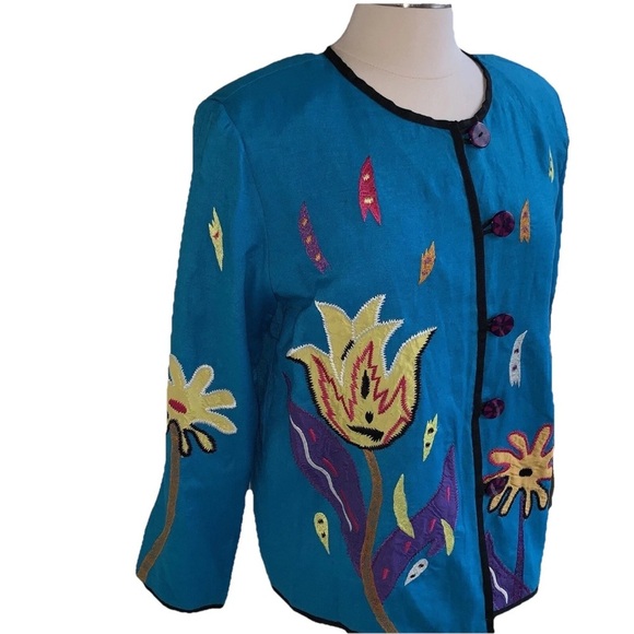NEW Indigo Moon Linen Blend Blazer Jacket Embroidered S Blue Flower Artsy - Picture 6 of 7